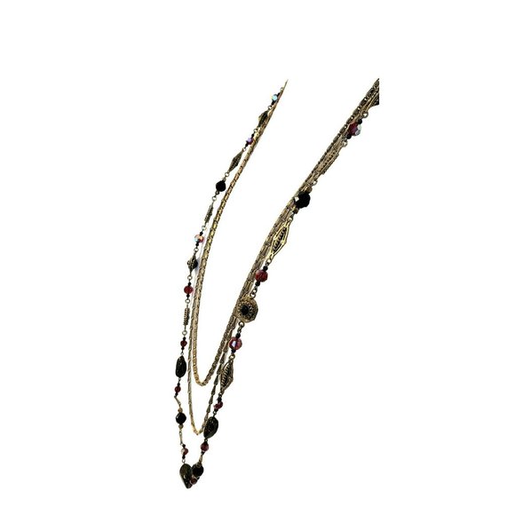 Vintage Miriam Haskell Possible Garnet Triple Layer Gold Tone Necklace, Signed - Picture 7 of 16